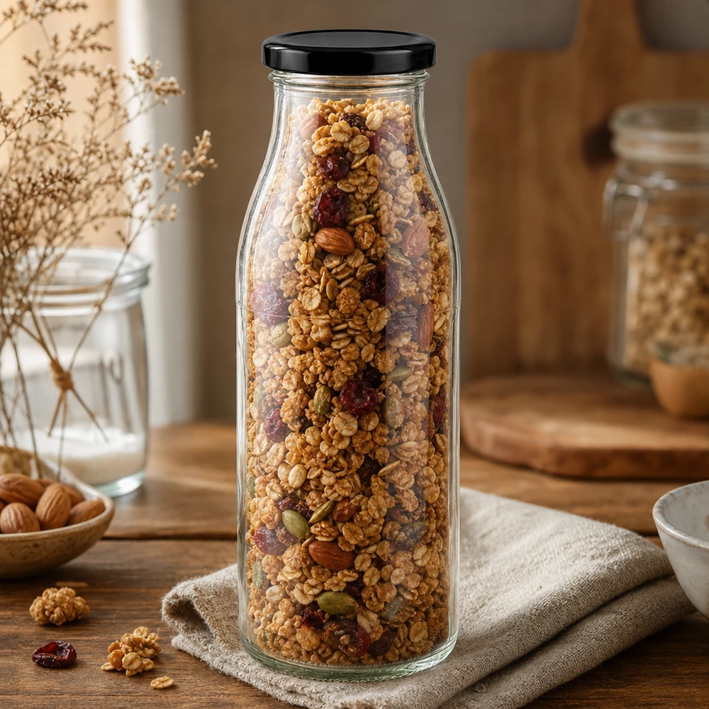 500ml Glasflasche mit schwarzem Deckel gefüllt mit Müsli und Nüssen auf Holztisch rustikale Küchendeko