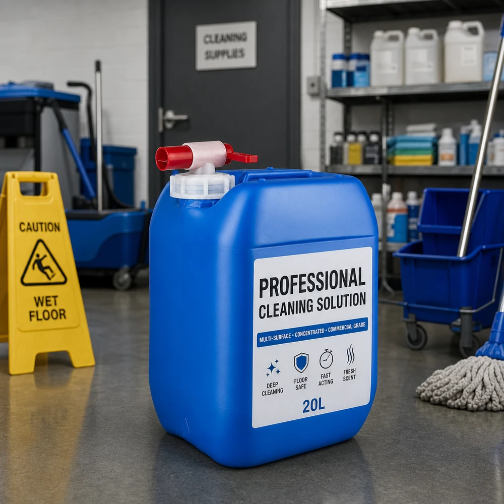 Tanica 10 litri blu con rubinetto di scarico Tanica in plastica blu da 10 litri con rubinetto di scarico nel settore della pulizia professionale