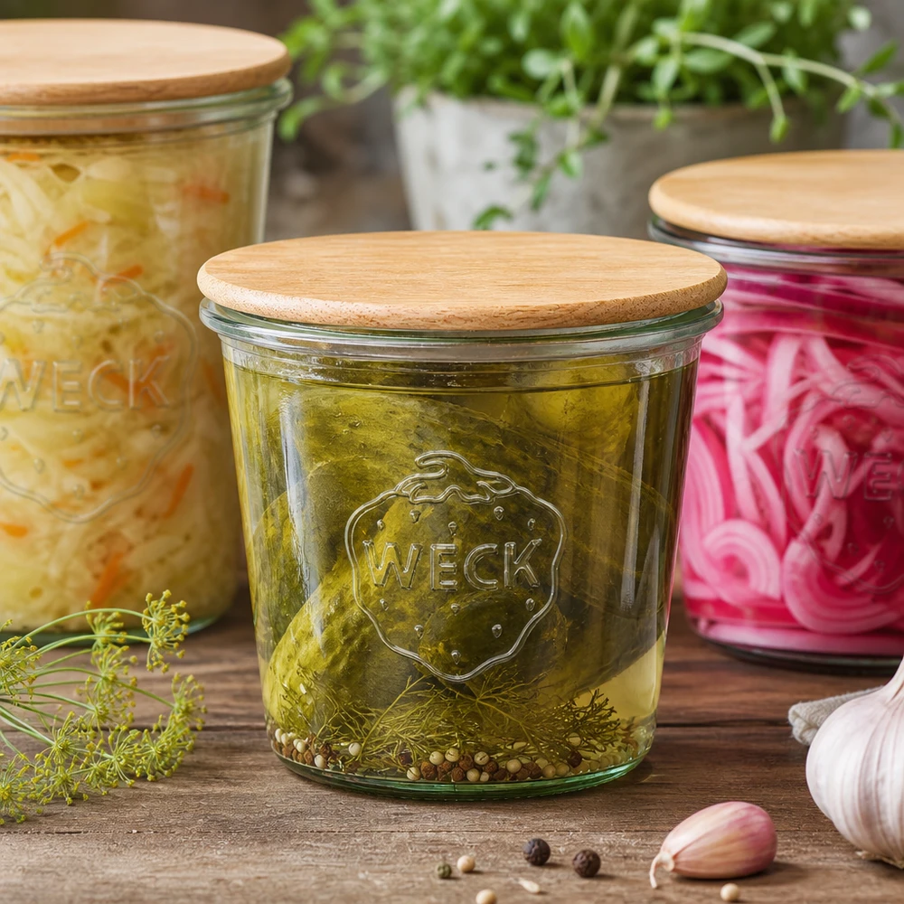 580ml WECK RR100 tumbler con coperchio di legno WECK vaso in vetro da 580 ml con coperchio in legno pieno di cetriolini sott'aceto, scena di cucina con erbe fresche e aglio