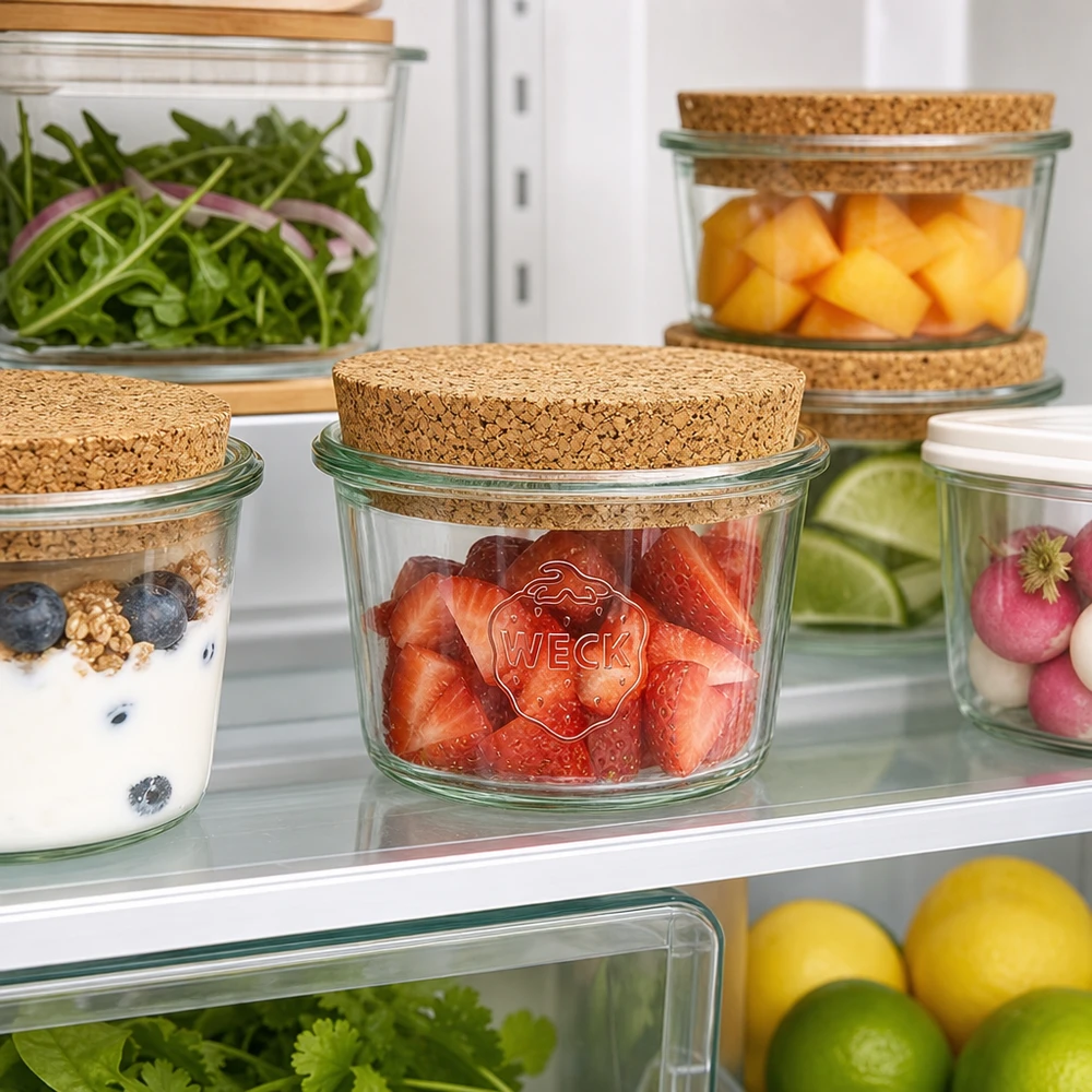 Barattolo da 35ml WECK RR40 con tappo in sughero naturale WECK RR40 Vaso da 35 ml con tappo in sughero per conservare gli alimenti in frigorifero accanto a frutta e verdura