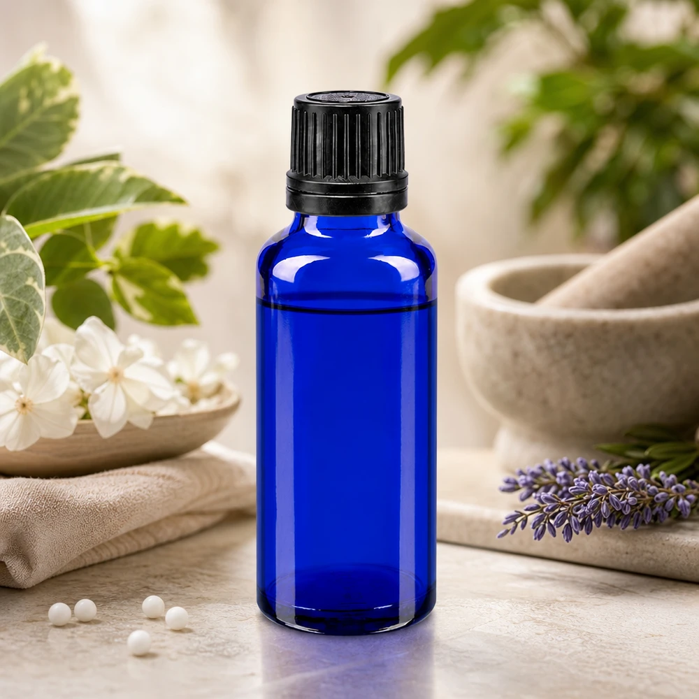Bottiglia da 30ml blu (Glo.) GR OV nero/8mm ApoGlas Fiaschetta da farmacia in vetro da 30 ml color blu cobalto con tappo OV nero, accanto a un mazzetto di lavanda e un mortaio