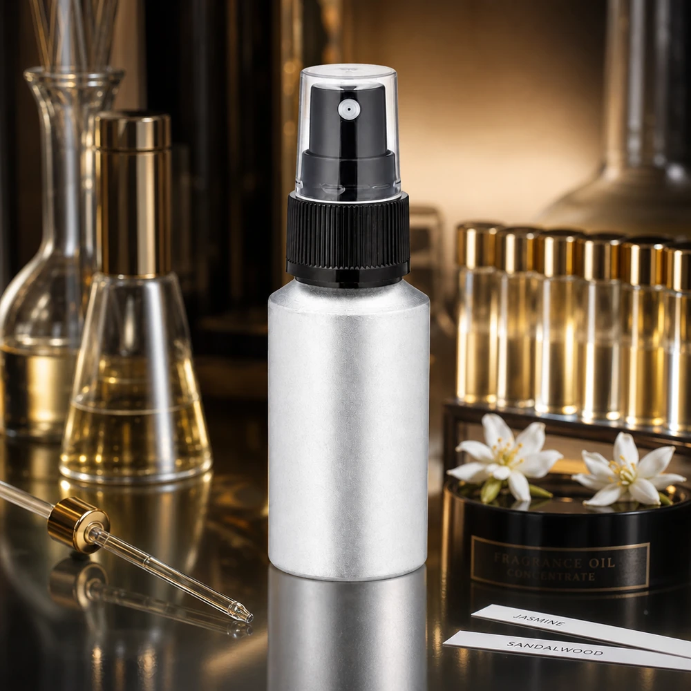 Flacone ricaricabile in alluminio da 30 ml con testina nera, ideale per le fragranze automiscelate