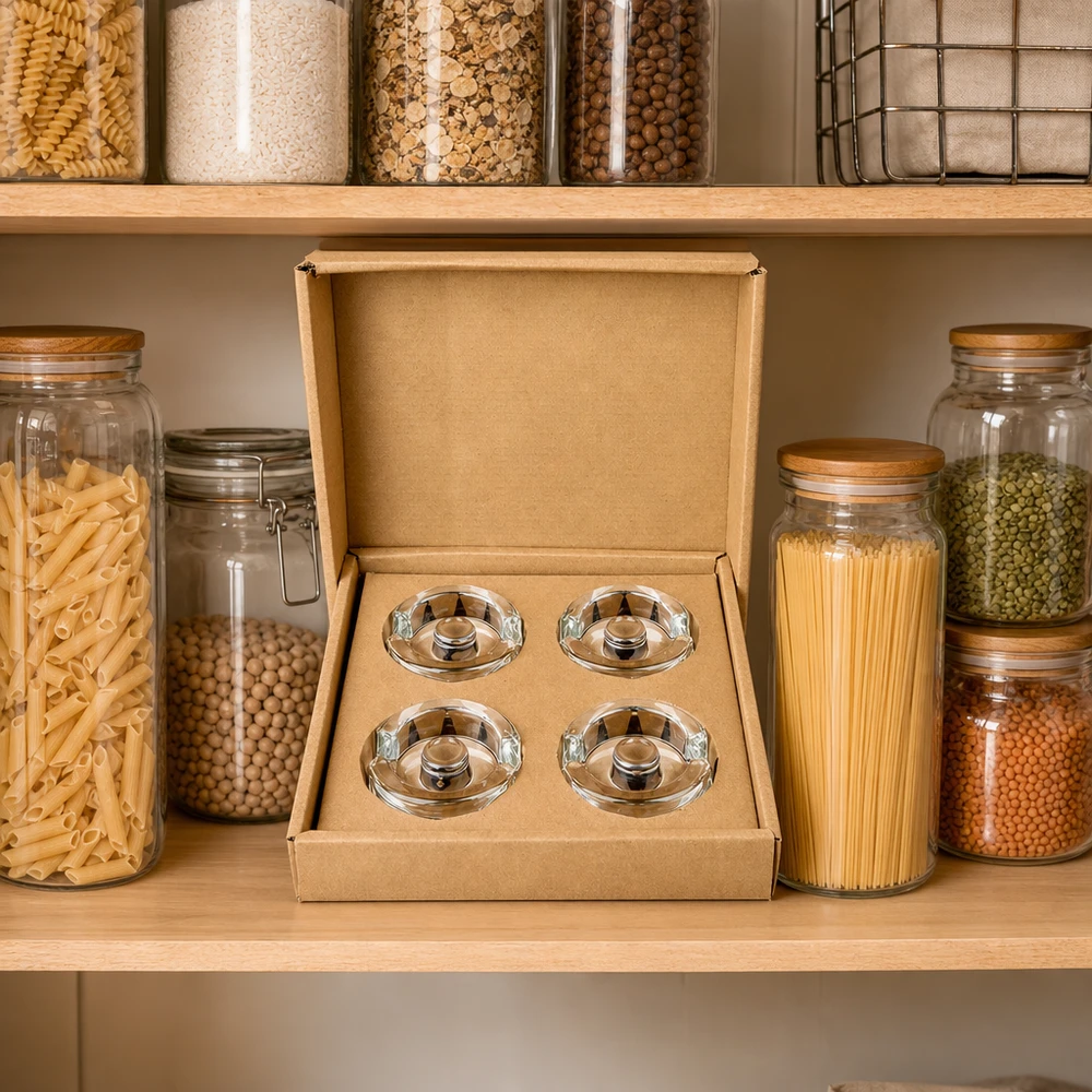 Pesi in vetro per fermentazione con manico set di 4 UNiTWIST Set di 4 pesi per vasi da fermentazione UNiTWIST in rack di stoccaggio tra vasi da conserva con pasta e legumi