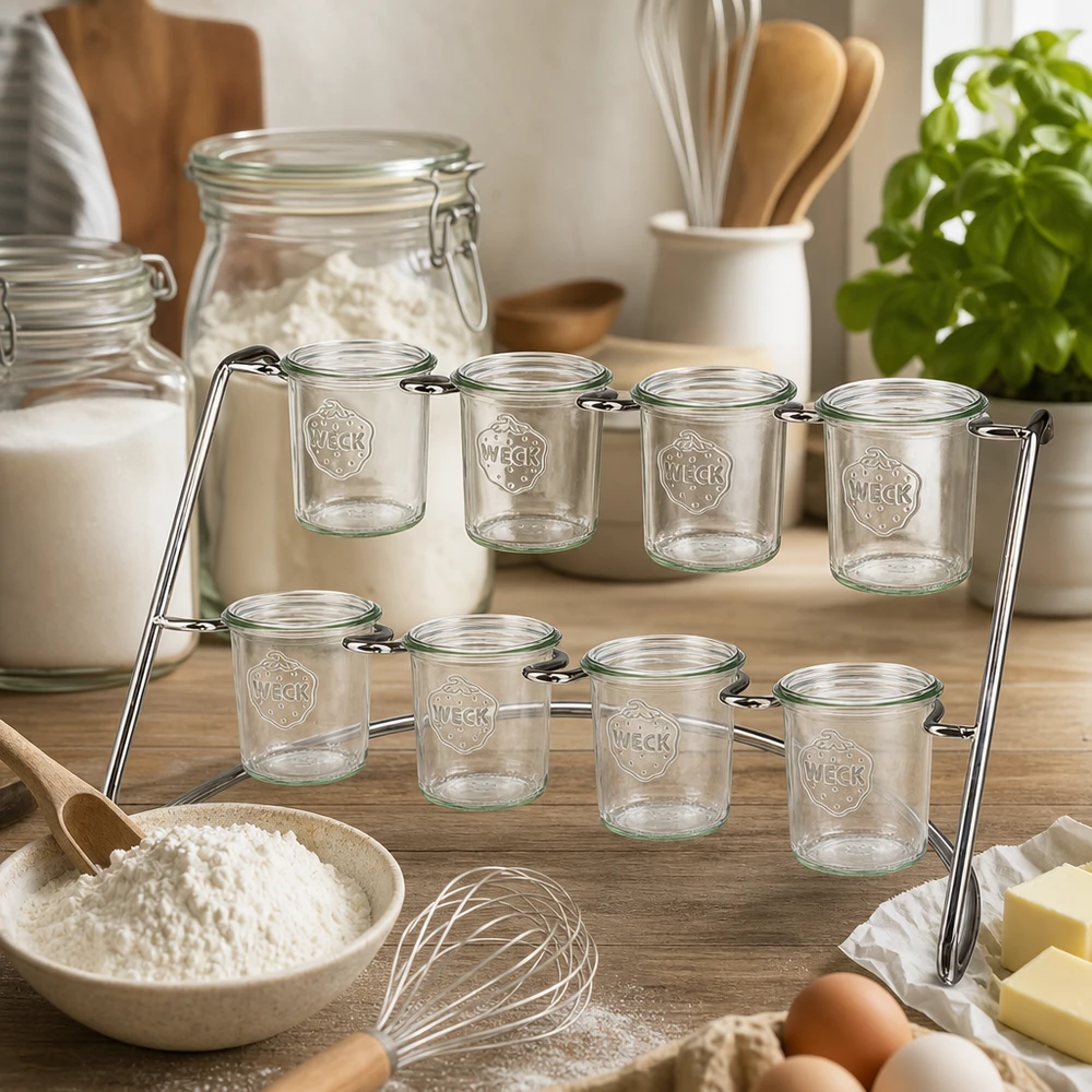 Portabicchieri Flato8 per 8 bicchieri WECK WECK Flato8 portavivande in una cucina moderna con ingredienti da forno e tumbler vuoti per spezie e provviste