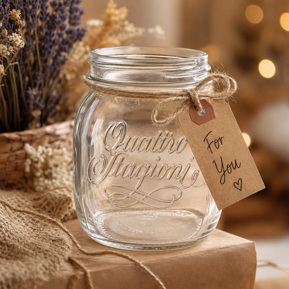 Bicchiere da 700 ml per uso domestico "Quattro Stagioni Bicchiere da 700 ml Quattro Stagioni con etichetta regalo su un tavolo di legno rustico con decorazioni alla lavanda