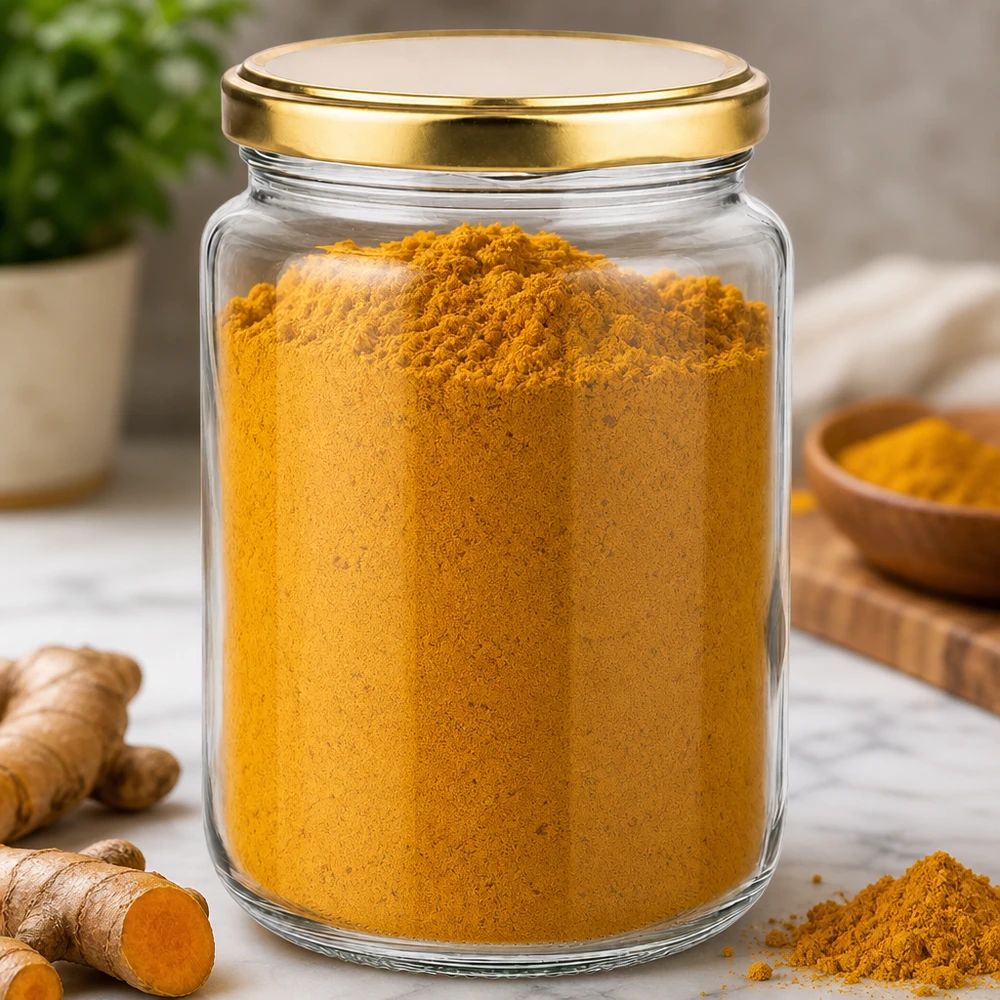Barattolo rotondo da 795 ml con coperchio BasicSeal oro UNiTWIST Barattolo rotondo da 795 ml con coperchio dorato UNiTWIST riempito con curcuma in polvere per conservare le spezie in cucina