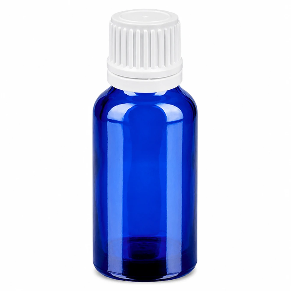Flacone contagocce da 20 ml 0,7 mm bianco OV BlueLine UT18/20 Flacone contagocce da 20 ml in vetro blu con tappo bianco per un dosaggio preciso