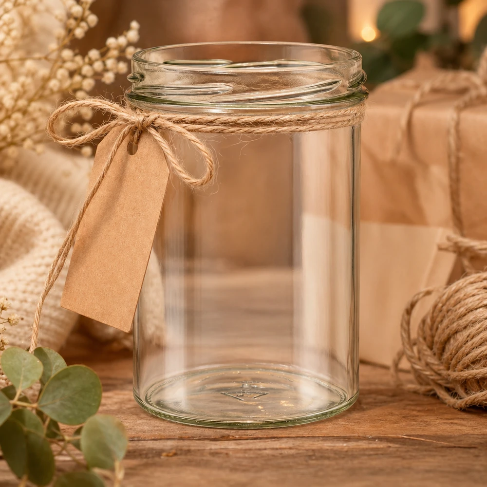 UNiTWIST Sturz435 - Bicchieri capacità 435ml TO82 UNiTWIST Sturz435 vaso per conserve da 435 ml decorato con cordoncino di iuta e cartellino regalo su un tavolo di legno rustico
