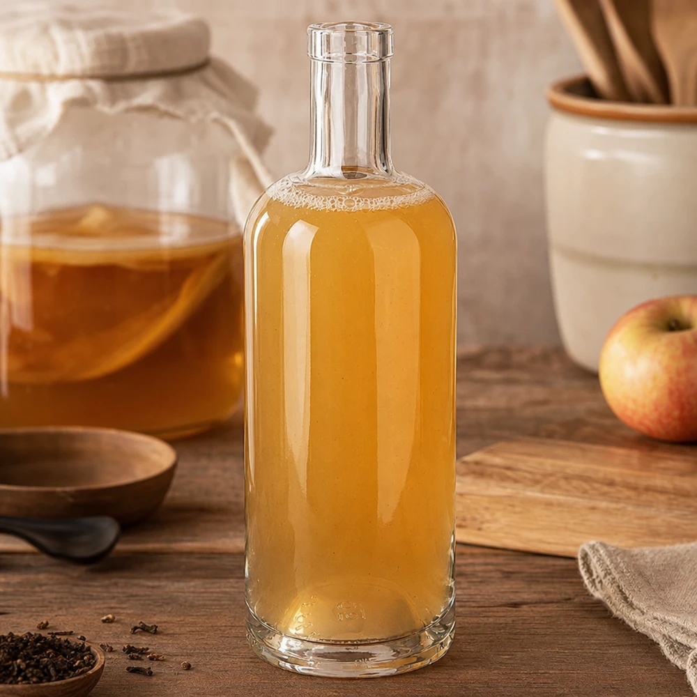 Bottiglia in vetro da 750 ml Emma senza tappo UNiTWIST® Bottiglia di vetro da 750 ml Emma riempita di aceto di sidro di mele in una cucina rustica accanto a mele e utensili da cucina su una tavola di legno