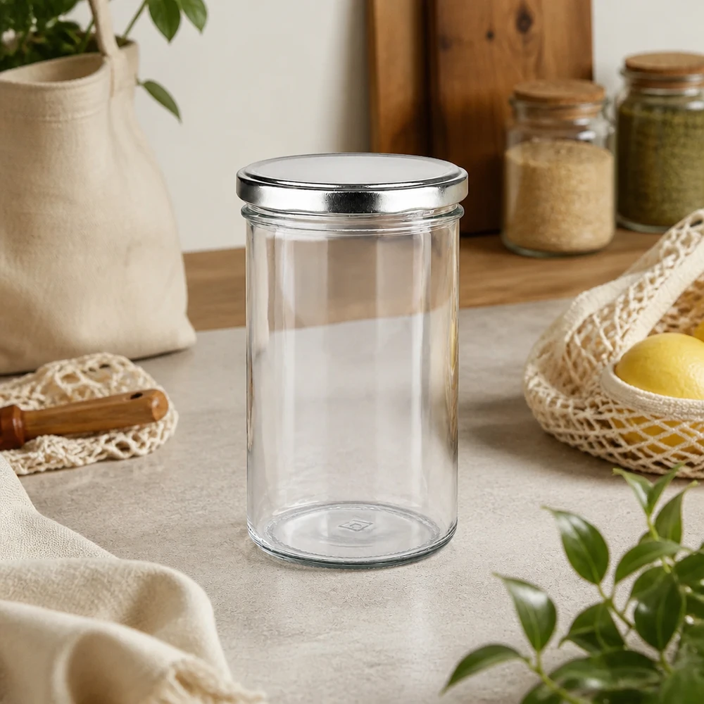 Bicchieri da 277 ml con coperchio BasicSeal argento UN.. Bicchieri da 277 ml con coperchio BasicSeal argento nella cucina sostenibile a rifiuti zero, accanto a cestini e barattoli per la conservazione
