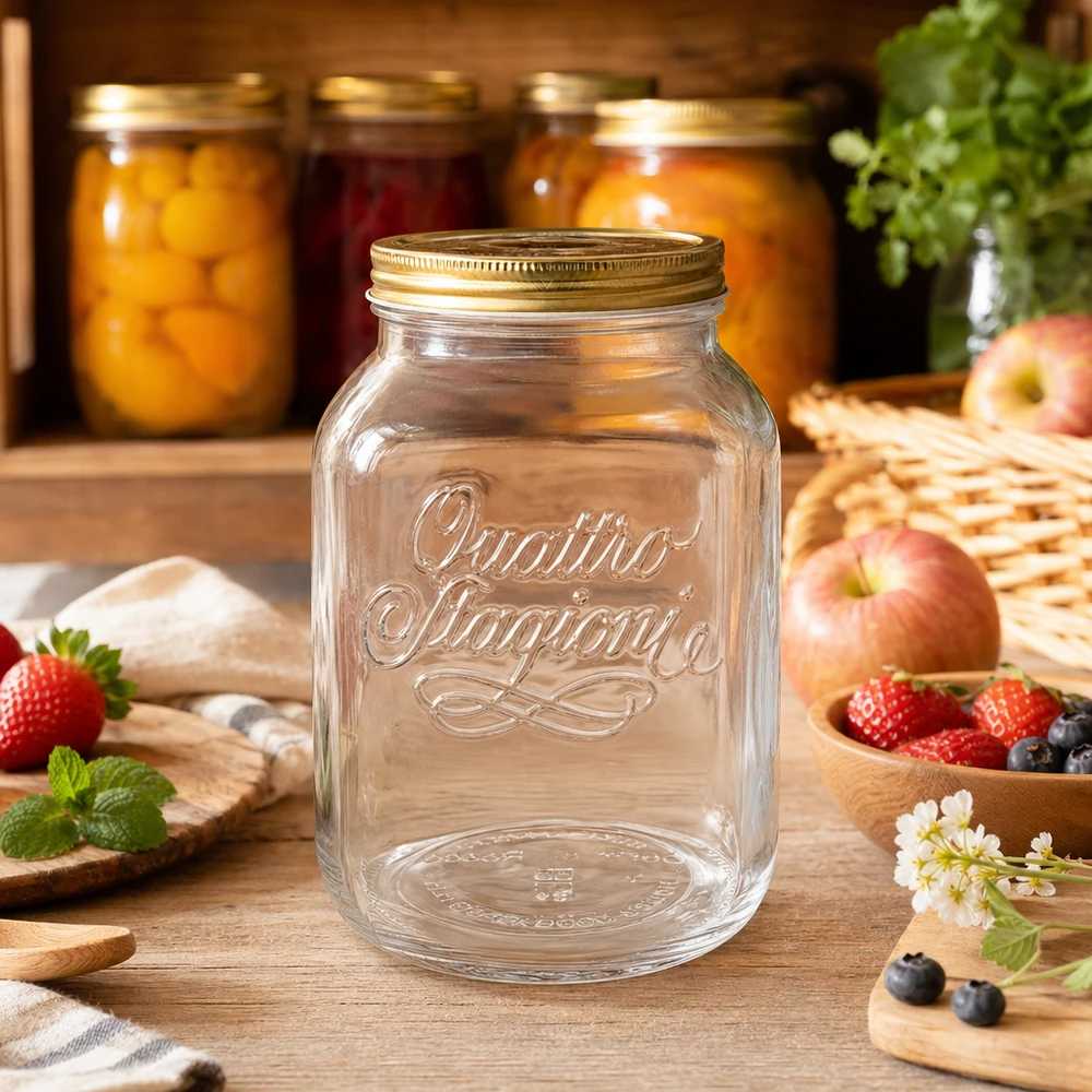 Vaso rotondo "Quattro Stagioni" da 3000 ml con coperchio Barattolo da 3000ml Quattro Stagioni in una cucina rustica con frutta fresca e conserve sullo sfondo