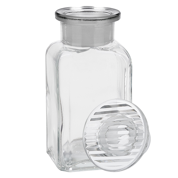 Bottiglia quadrata da 100 ml in vetro trasparente a collo largo con tappo in vetro NS