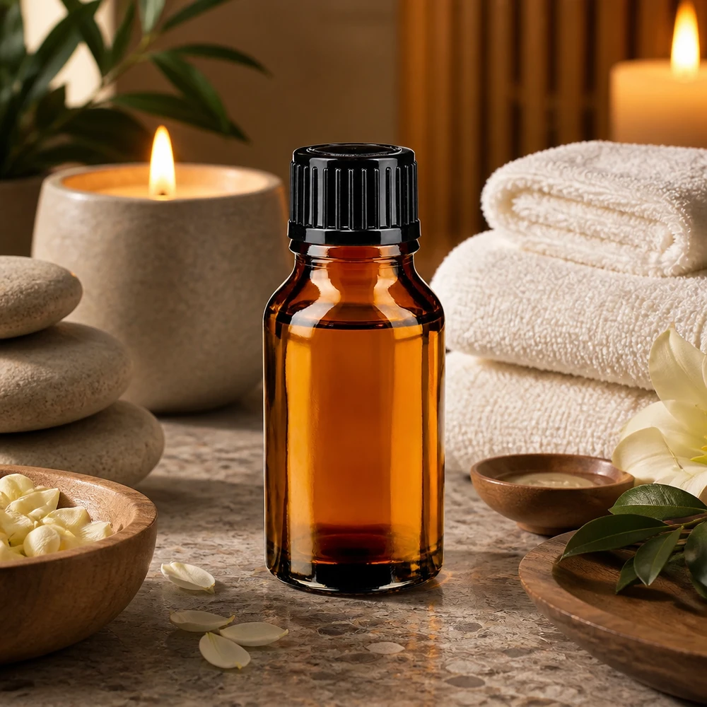 Bottiglia di vetro marrone da 15 ml con tappo a vite nero su una superficie di marmo, accanto ad accessori per il benessere