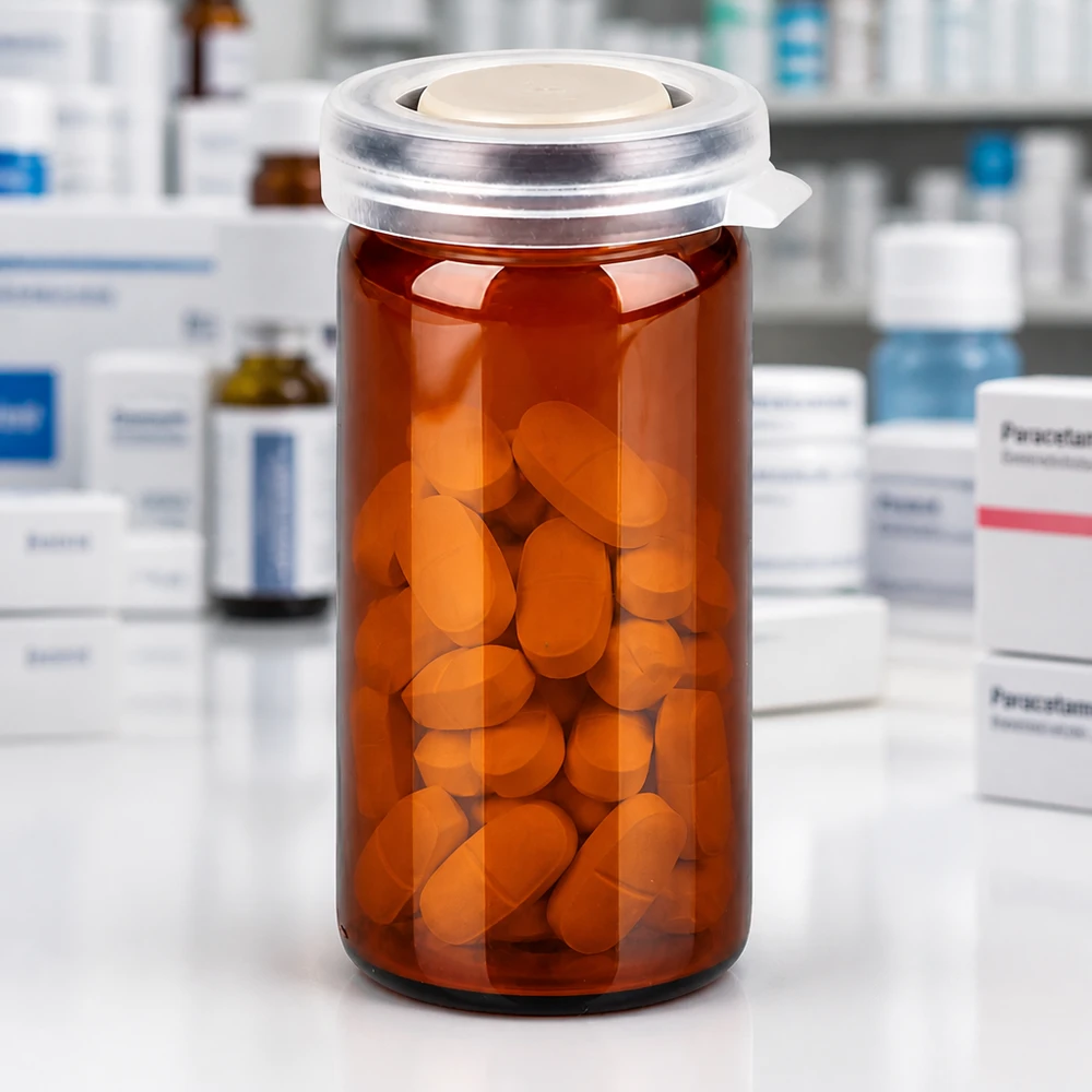 Barattolo da tavolo/rotolo 10ml marrone con coperchio a scatto Vetro farmaceutico marrone con coperchio a scatto e compresse rivestite con film di colore arancione in un ambiente farmaceutico