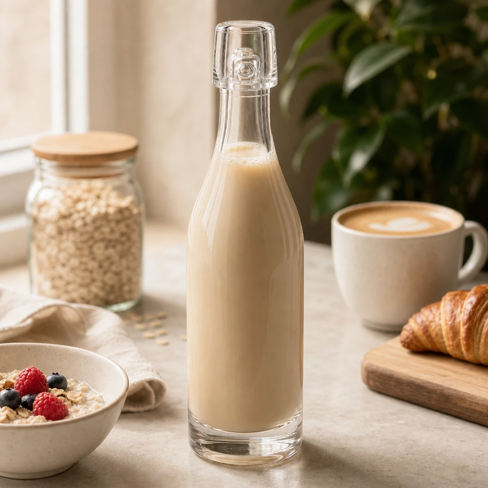 Bottiglia in vetro da 50 ml senza tappo UNiTWIST Bottiglia di vetro da 50 ml di UNiTWIST riempita di latte d'avena tra gli ingredienti della colazione Ciotola per cereali e croissant Tavolo da cucina