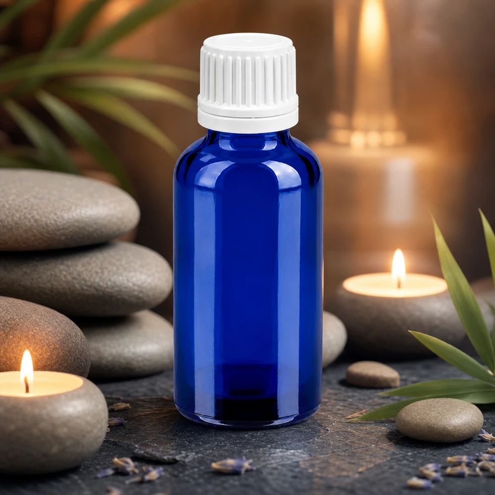 Bottiglia da 30ml 11mm SV bianco OV BlueLine UT18/30 Pratico flacone in vetro blu da 30 ml per la conservazione sicura di sostanze sensibili alla luce