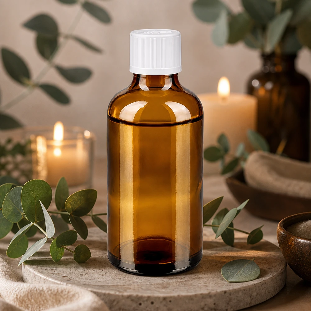Flacone da farmacia in vetro ambrato da 50 ml con tappo a vite bianco e chiusura di sicurezza per bambini su base in pietra naturale