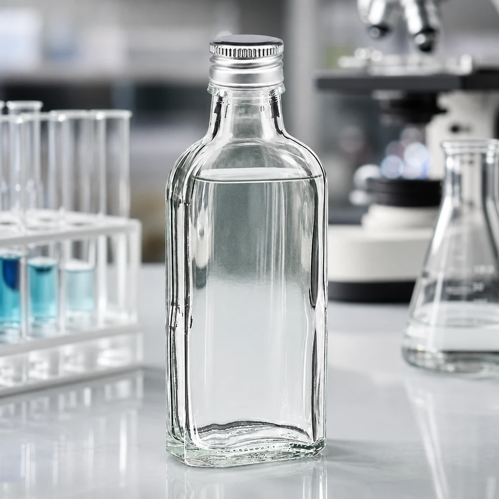 Flacone Meplat da 100 ml trasparente con tappo in alluminio PP22 argento su un piano di lavoro da laboratorio bianco