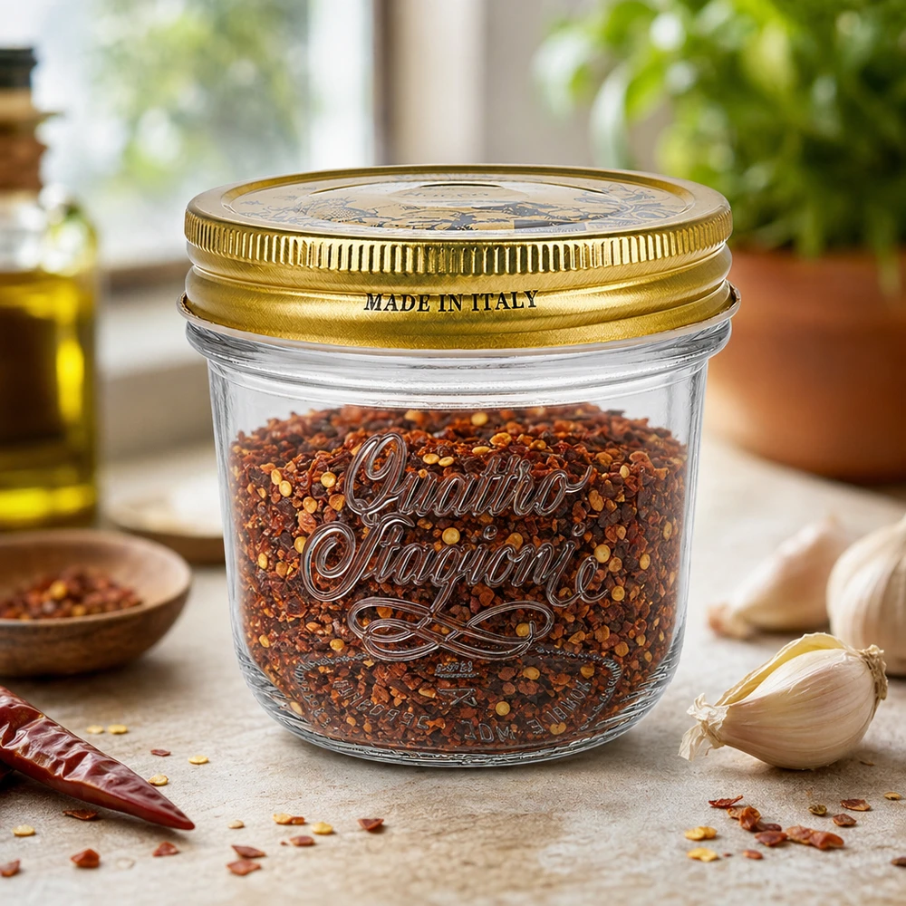 Bicchieri Quattro Stagioni da 200 ml con coperchio dorato riempiti di miscela di spezie al peperoncino Made in Italy sul piano di lavoro della cucina.