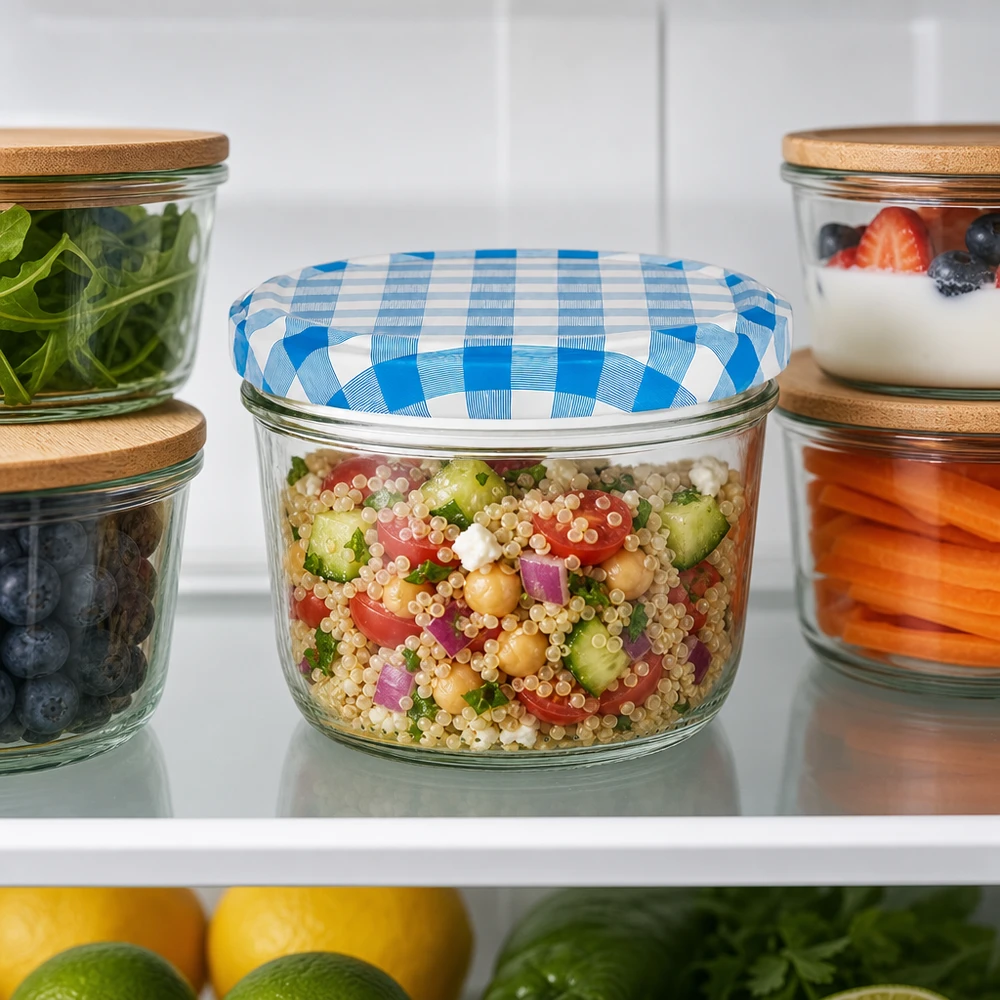 Bicchieri da 230 ml + coperchio BasicSeal blu/bianco UN... Barattolo di vetro da 230 ml con coperchio BasicSeal blu e bianco come contenitore per l'insalata di quinoa nel frigorifero.