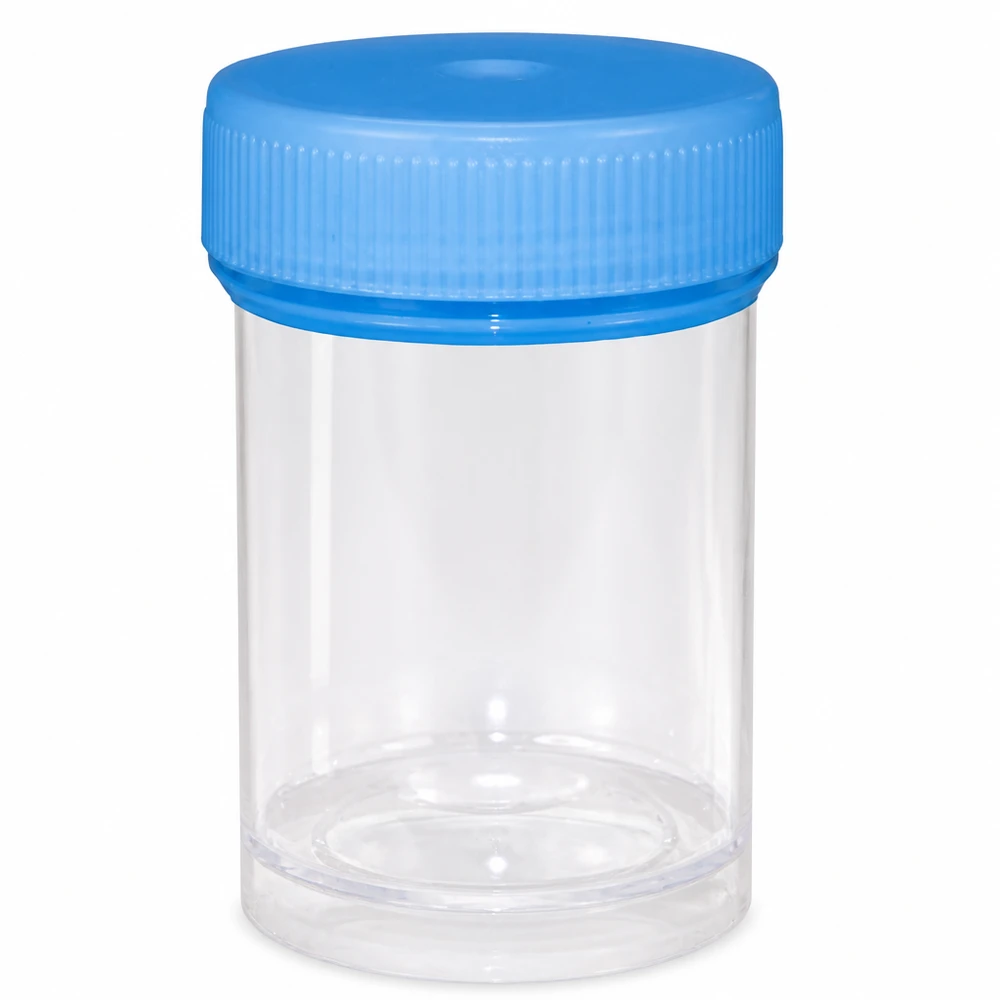 Provetta sterile da 35 ml in plastica trasparente con tappo blu per campioni di urina