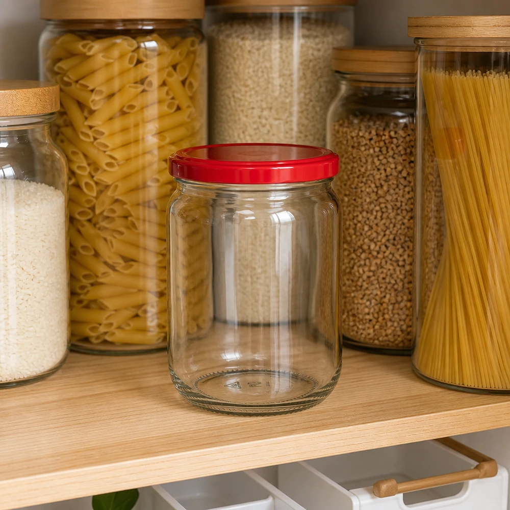 Barattolo cilindrico UNiTWIST da 555 ml con coperchio rosso su una moderna mensola da cucina