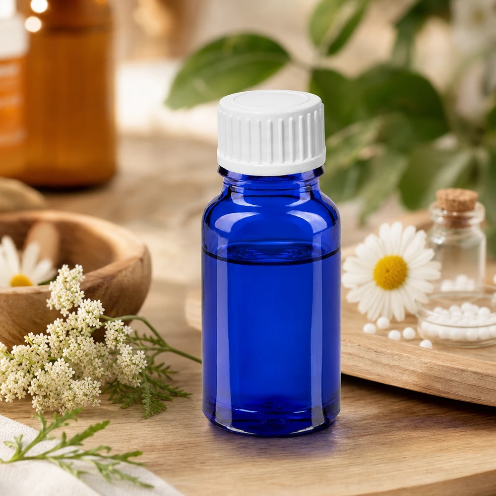 Flacone a pennello da 10 ml bianco STD BlueLine UT18/10 Flacone in vetro blu di alta qualità da 10 ml con pennello bianco per uso terapeutico