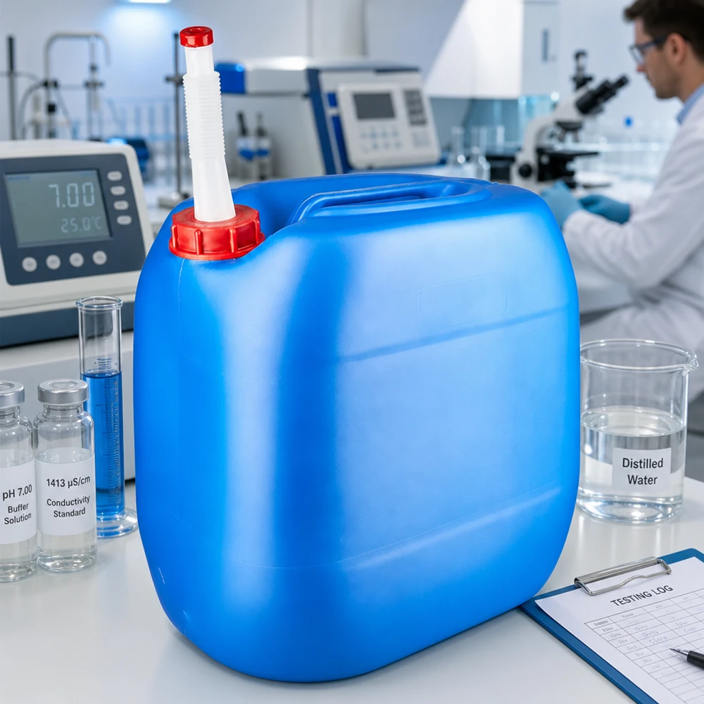 Tanica 30 litri blu con tubo di uscita Flex Contenitore da laboratorio da 30 L blu con tubo di scarico flessibile, insieme a una soluzione tampone per il pH e a uno standard di conducibilità