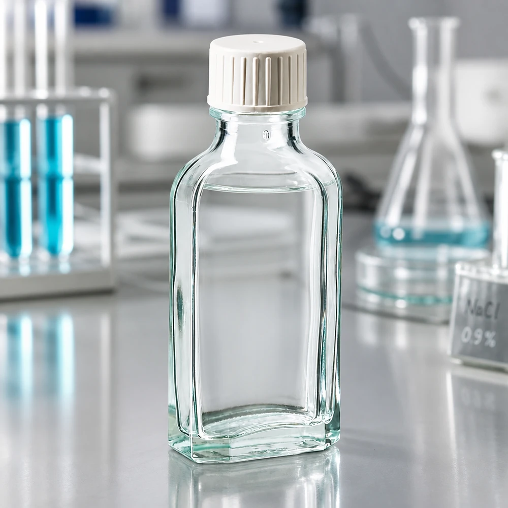 Flacone rettangolare in vetro trasparente da 50 ml con tappo bianco scanalato su un piano di lavoro da laboratorio