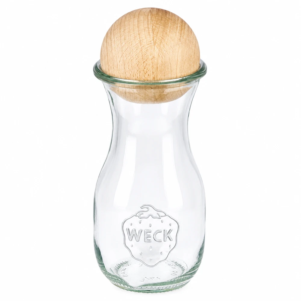 Bottiglia per succhi di frutta WECK 290ml RR60 in vetro con sfera in legno di faggio come tappo, design classico per bevande
