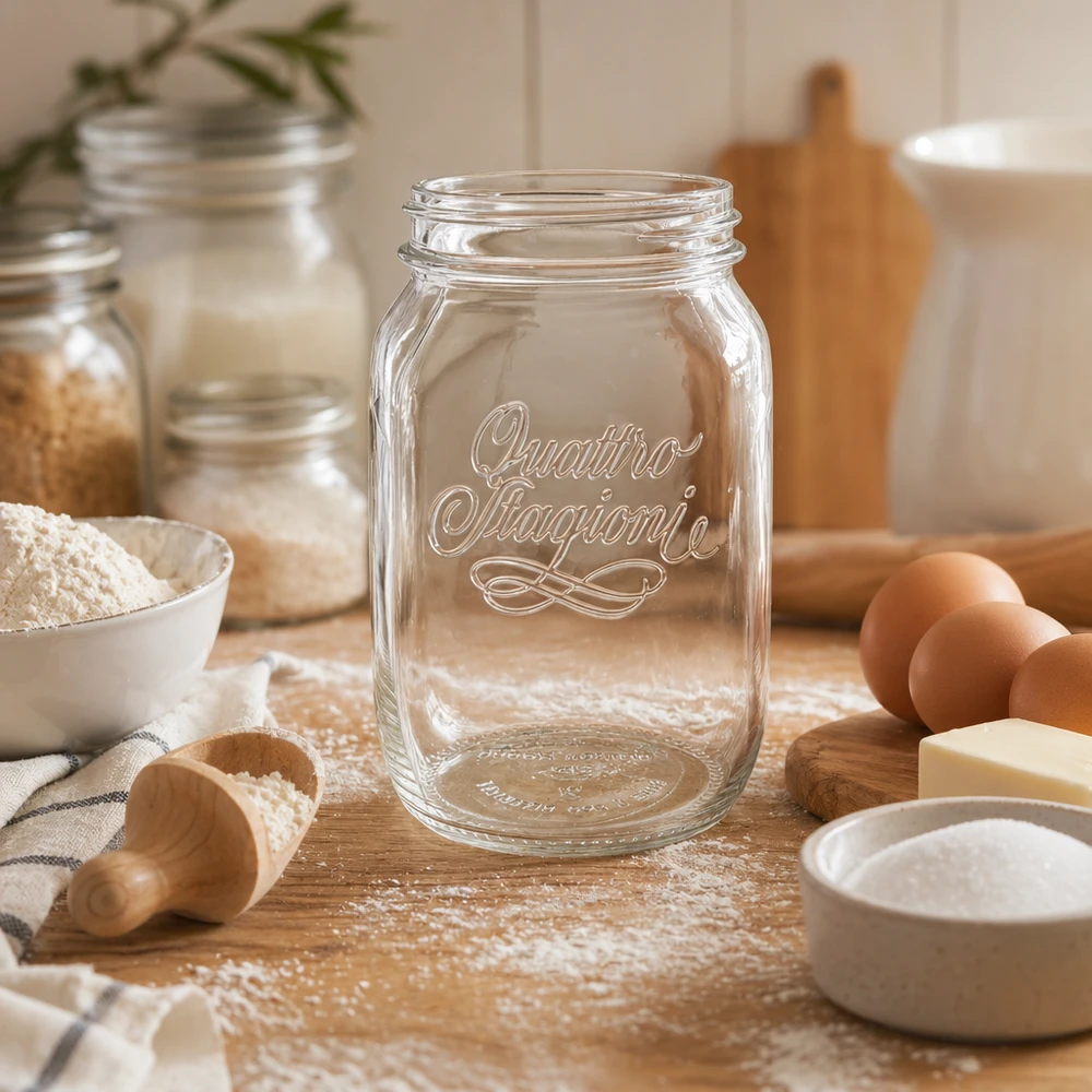 Vaso domestico "Quattro Stagioni" da 1000 ml Barattolo da 1000ml Quattro Stagioni vuoto su tavolo di legno con ingredienti da forno farina uova e utensili da cucina