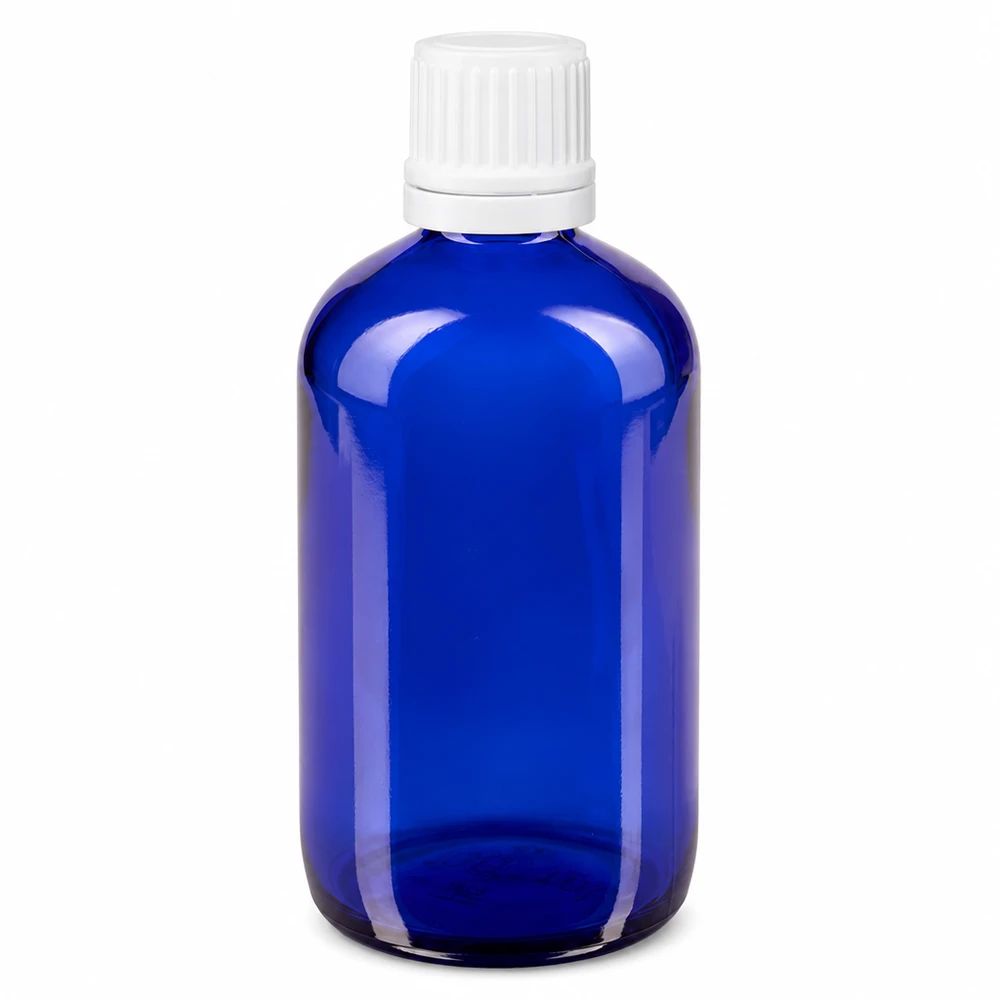 Flacone da farmacia in vetro blu da 100 ml con tappo di sicurezza bianco e dosatore a gocce da 0,7 mm