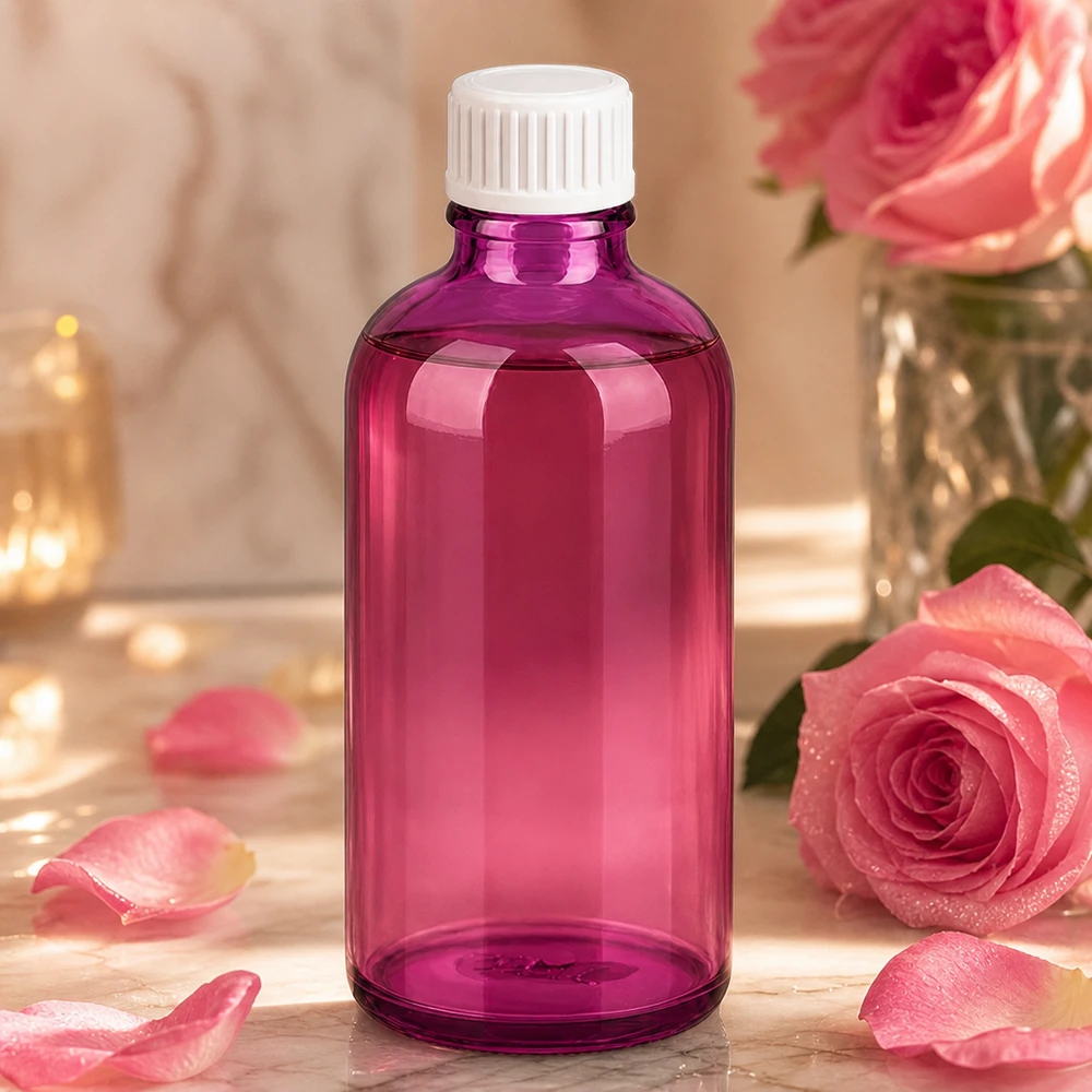 Flacone da 100 ml (globuli) con anello versatore da 3 mm bianco Standard PurpleLine. UT18/100 Elegante flacone in vetro viola da 100 ml ideale per sieri e principi attivi concentrati