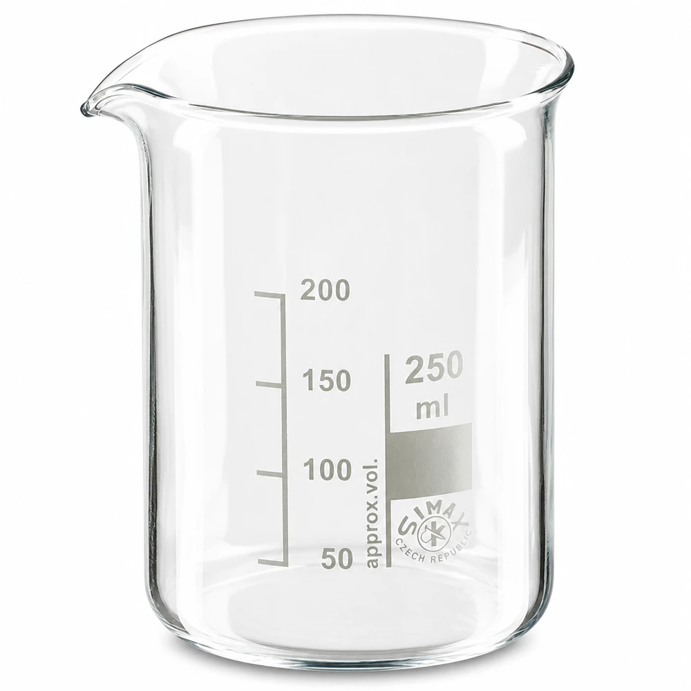 Bicchiere 250ml in vetro borosilicato, forma bassa Bicchiere da laboratorio da 250 ml di forma bassa in vetro borosilicato con scala millilitrica precisa