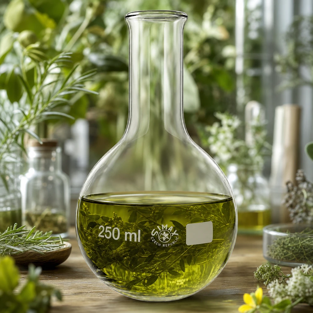 Fiaschetta in piedi da 250 ml a collo stretto con liquido verde oro davanti a uno sfondo verde di piante