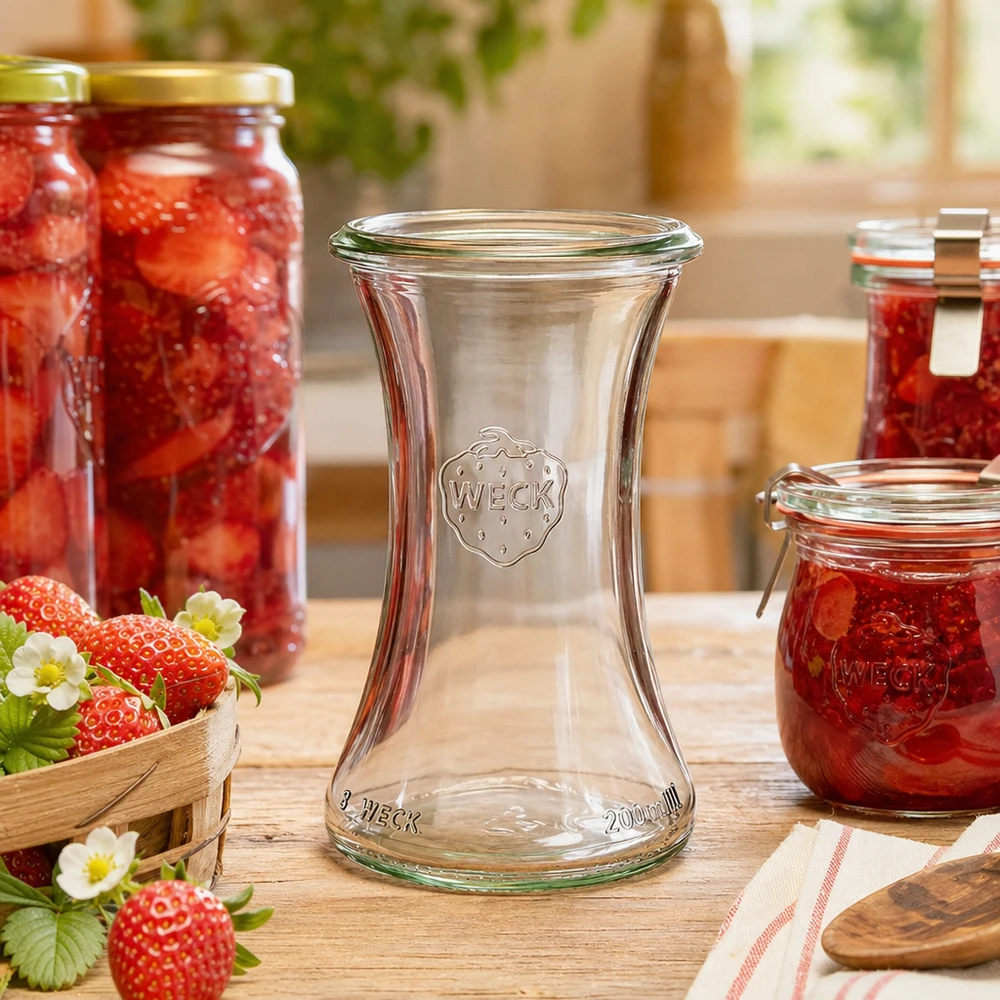 WECK RR60 barattolo da 200 ml circondato da fragole e marmellata fatta in casa in una cucina rustica