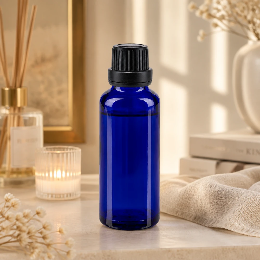 Bottiglia da farmacia blu da 30ml. SV OV nero/11mm ApoGlas Flacone da 30 ml con vetro blu protettivo contro i raggi UV e tappo di sicurezza nero per cosmetici naturali