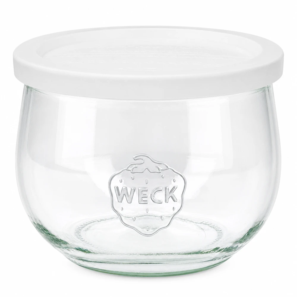 WECK vaso a tulipano 580ml con coperchio bianco freschezza RR100 vaso per conserve trasparente con logo WECK