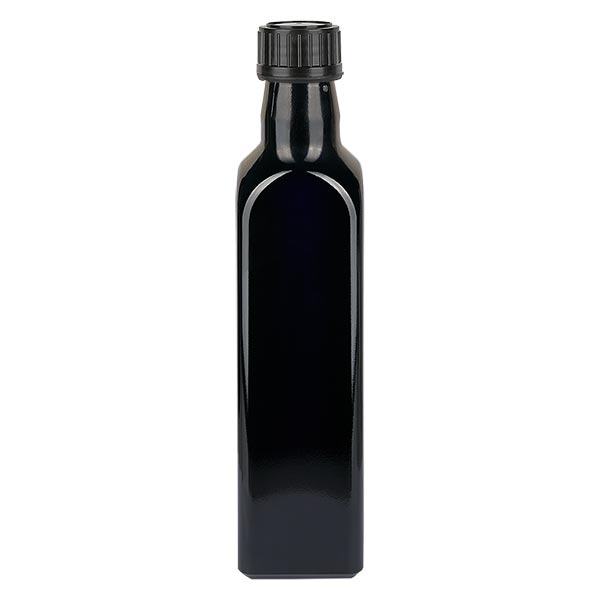 Bottiglia olio in vetro viola 500ml quadrata, tappo a vite nero Bottiglia olio in vetro viola 500ml quadrata, tappo a vite nero
