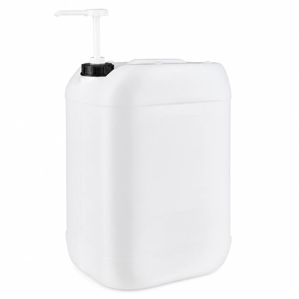 Tanica da 25 litri con pompa dosatrice Tanica in plastica bianca da 25 litri con pompa dosatrice bianca su tappo a vite nero