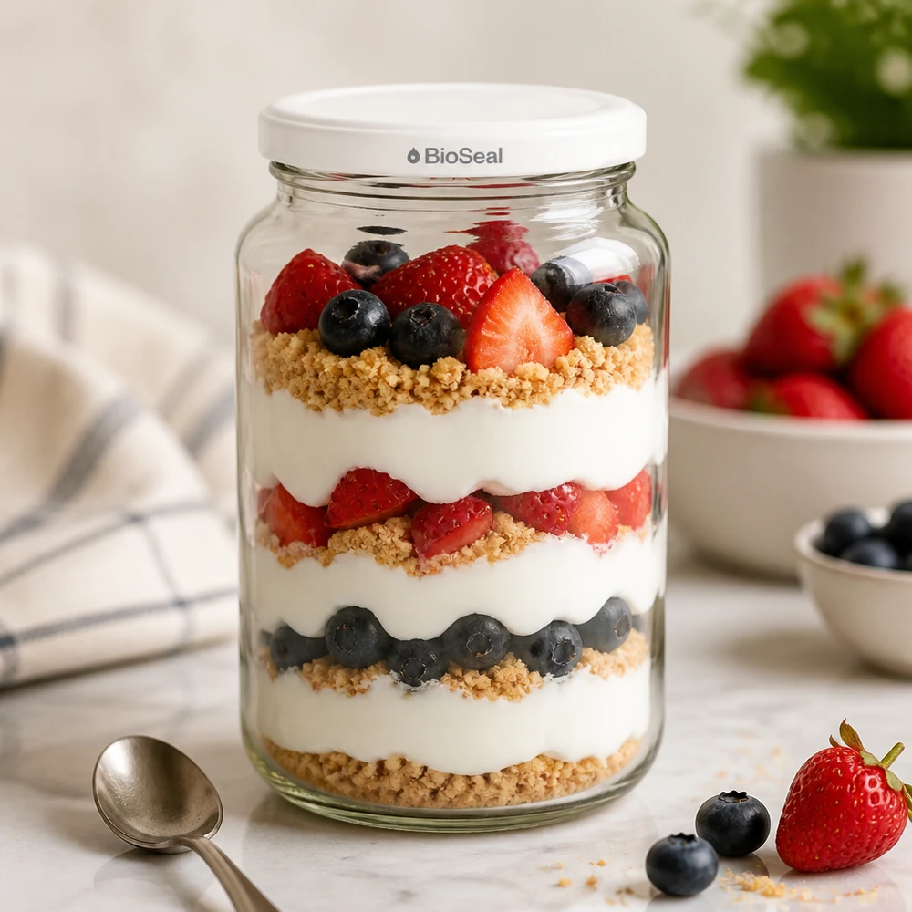 UNiTWIST Runda382 con coperchio bianco TO66 BioSeal UNiTWIST Runda382 come vaso da dessert - yogurt a strati con frutti di bosco e granola in un vaso da conserva BioSeal
