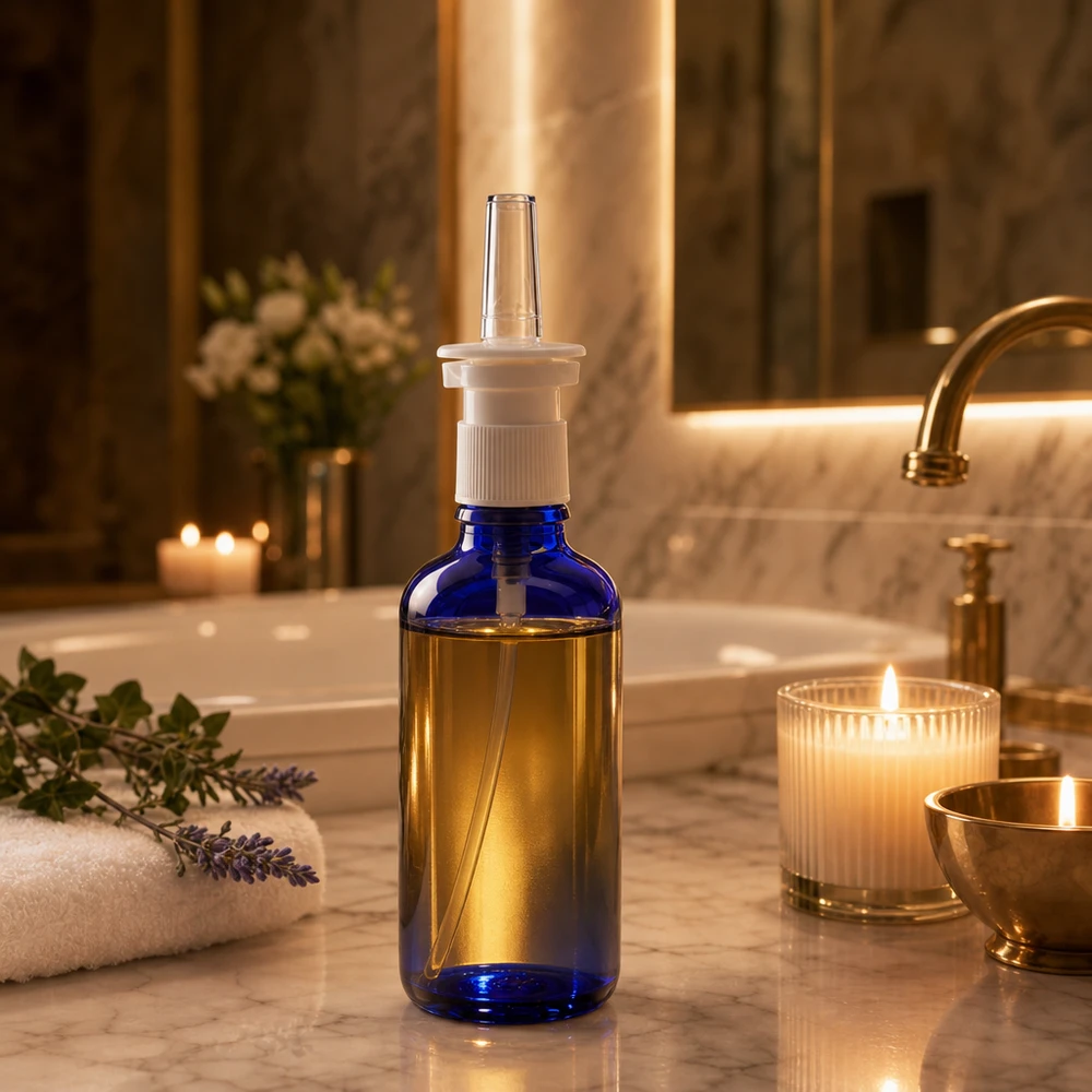 Flacone da 50 ml per spray nasale, blu cobalto con contenuto dorato su sfondo marmorizzato in un ambiente da spa