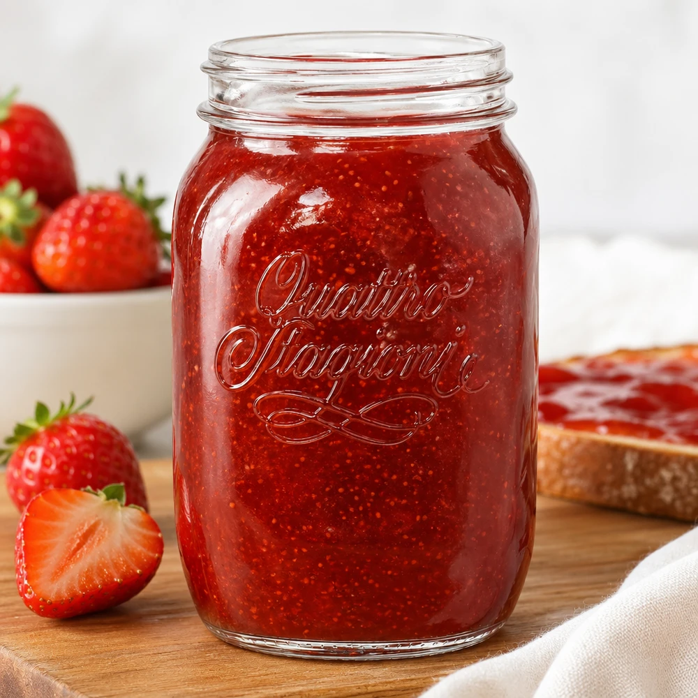 Quattro Stagioni vaso domestico da 1000 ml riempito di marmellata di fragole rosse accanto a fragole fresche su una tavola di legno