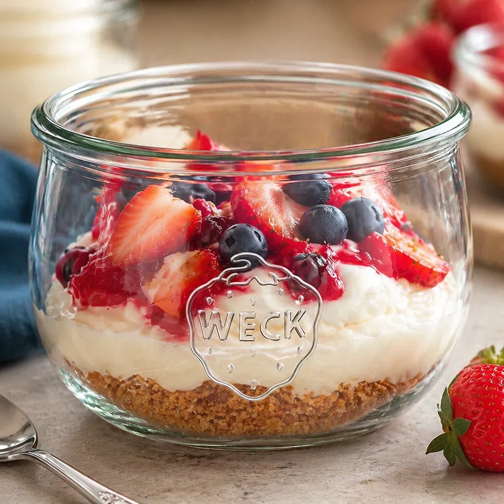 WECK vaso a tulipano da 580 ml RR100 con dessert a strati di crema a base di biscotti e frutti di bosco freschi fragole mirtilli