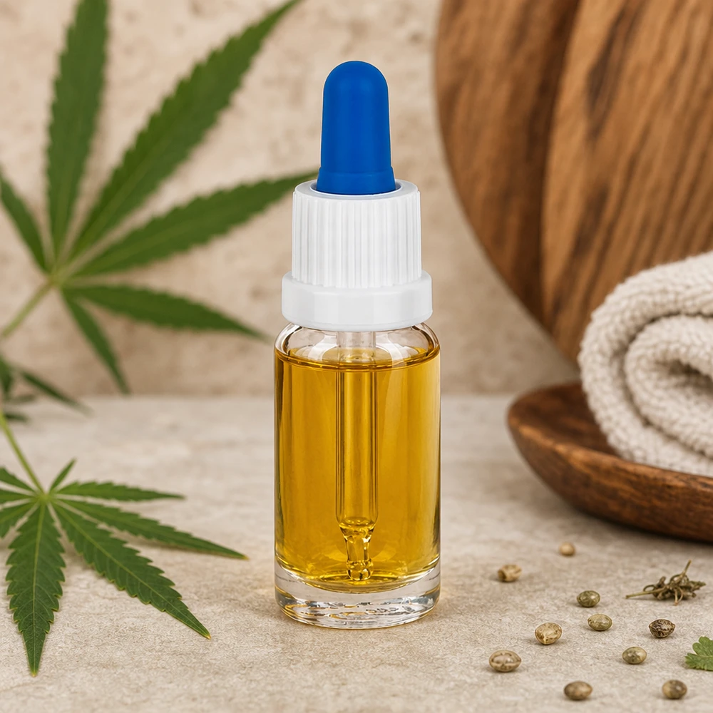 Flacone per pipette da 10 ml bianco/blu OV ClearL. UT18/10 Flacone con pipetta in vetro trasparente da 10 ml contenente olio di CBD, foglie di cannabis e semi di canapa