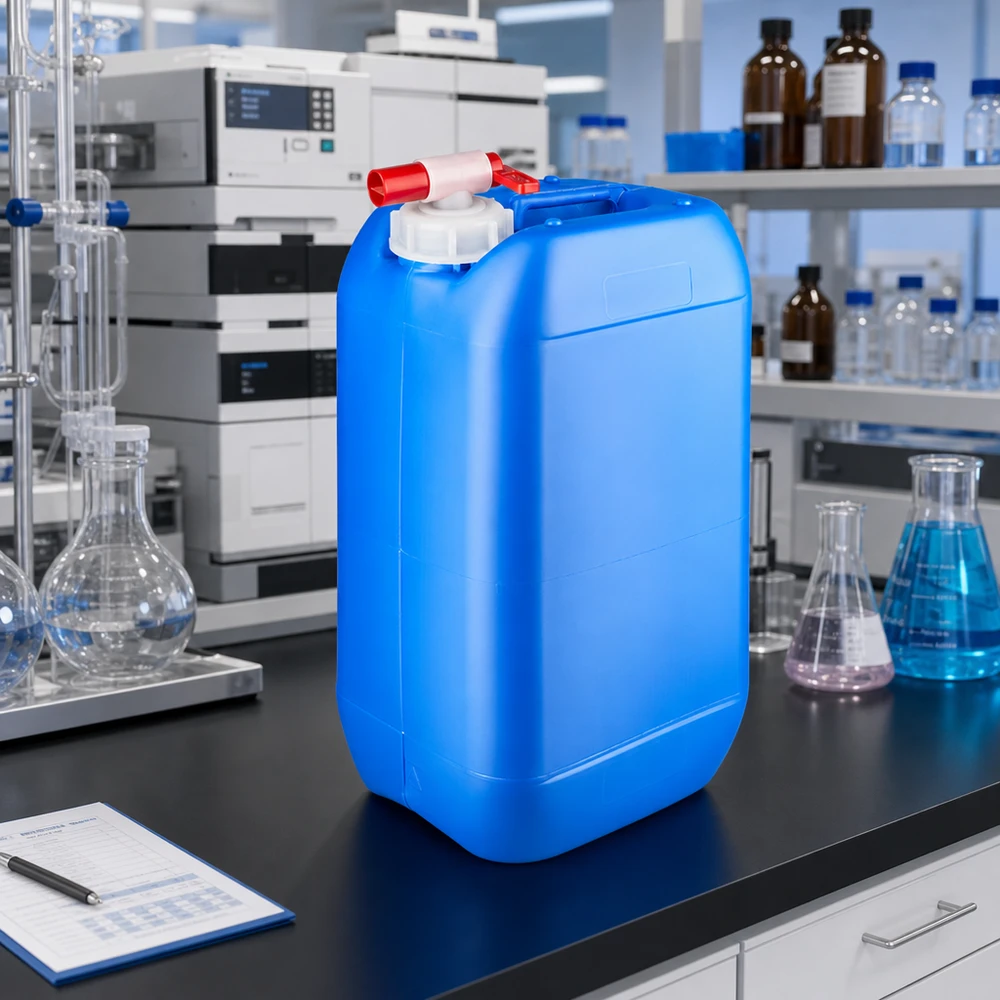 Tanica rettangolare da 15 litri, di colore blu, con un pratico rubinetto di scarico, realizzata in plastica resistente