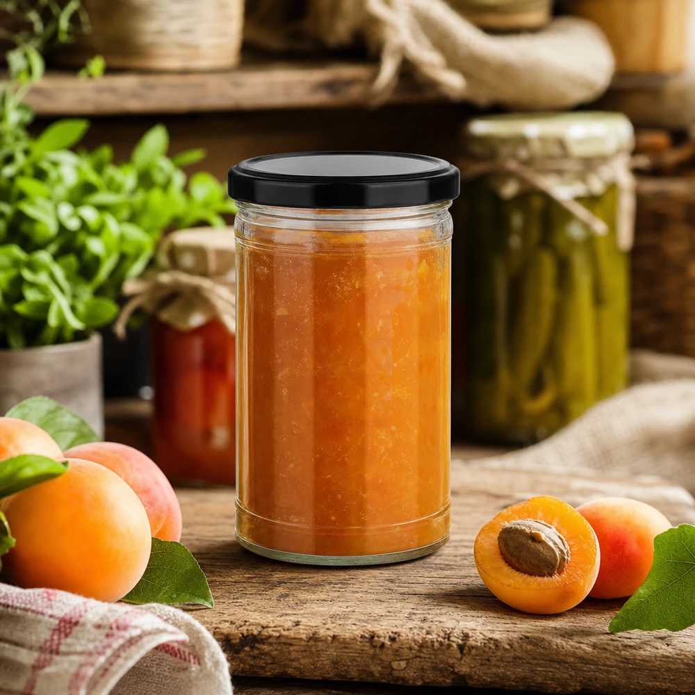 Vaso da 1053 ml con coperchio BasicSeal nero UN... Barattolo da 1053 ml con coperchio nero riempito di marmellata di albicocche in cucina rustica con frutta fresca