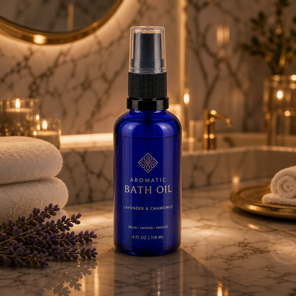 Flacone spray blu da 50 ml. STD nero/trasp. apoGlas Olio da bagno per aromaterapia in flacone spray da 50 ml blu cobalto con nebulizzatore nero per un bagno di lusso