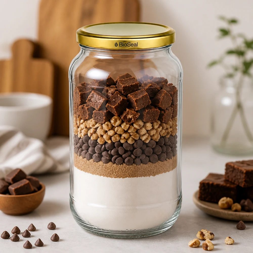 UNiTWIST Runda1062 con coperchio dorato. Coperchio TO82 BioSeal UNiTWIST Runda1062 Barattolo a strati per brownie mix cioccolato noci TO82 BioSeal coperchio oro barattolo per la conservazione di mix da forno