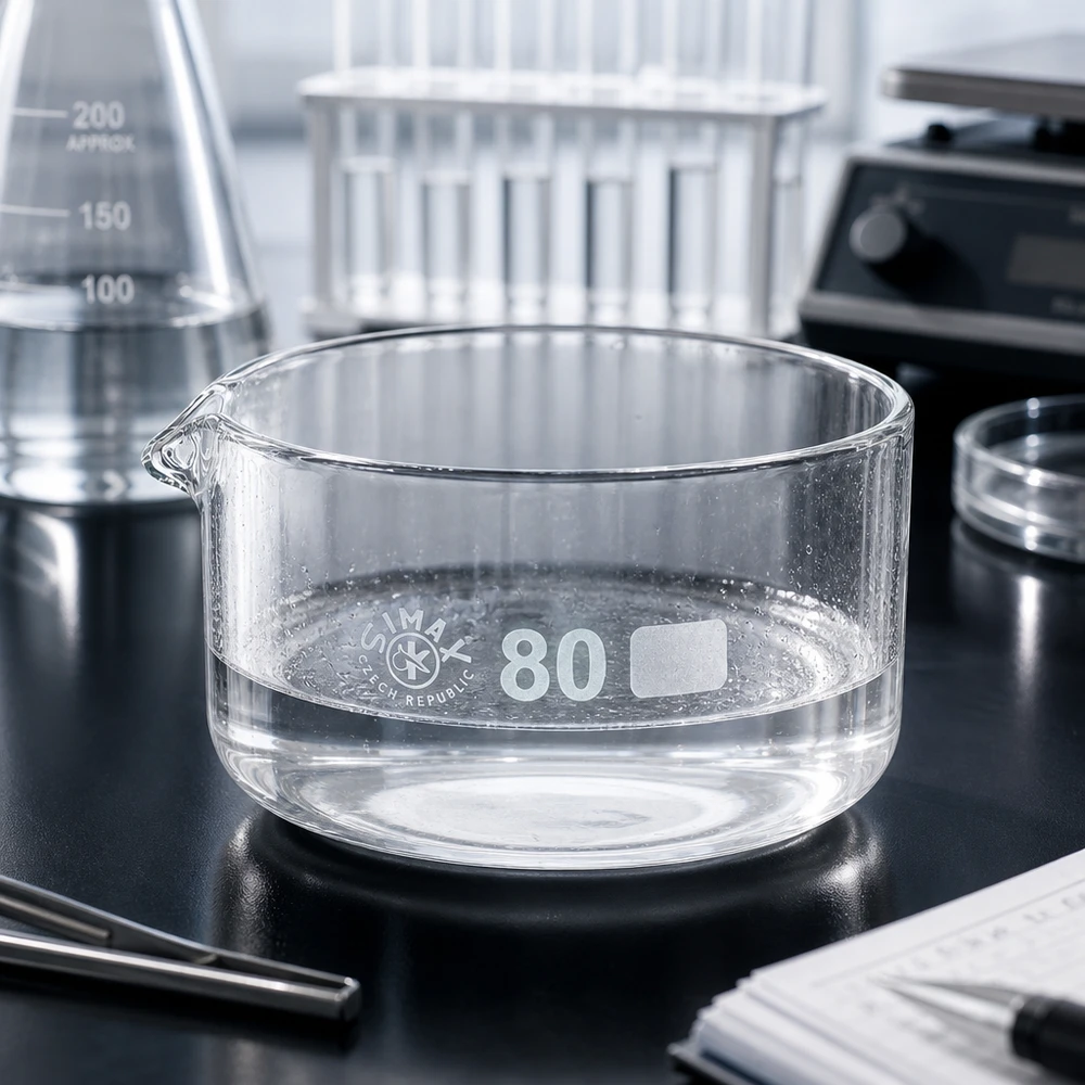 Piatto per cristallizzazione da 150ml con beccuccio Bo.. ø80mm Vaschetta di cristallizzazione trasparente da 150 ml con beccuccio su base da laboratorio nera ø80 mm SIMAX